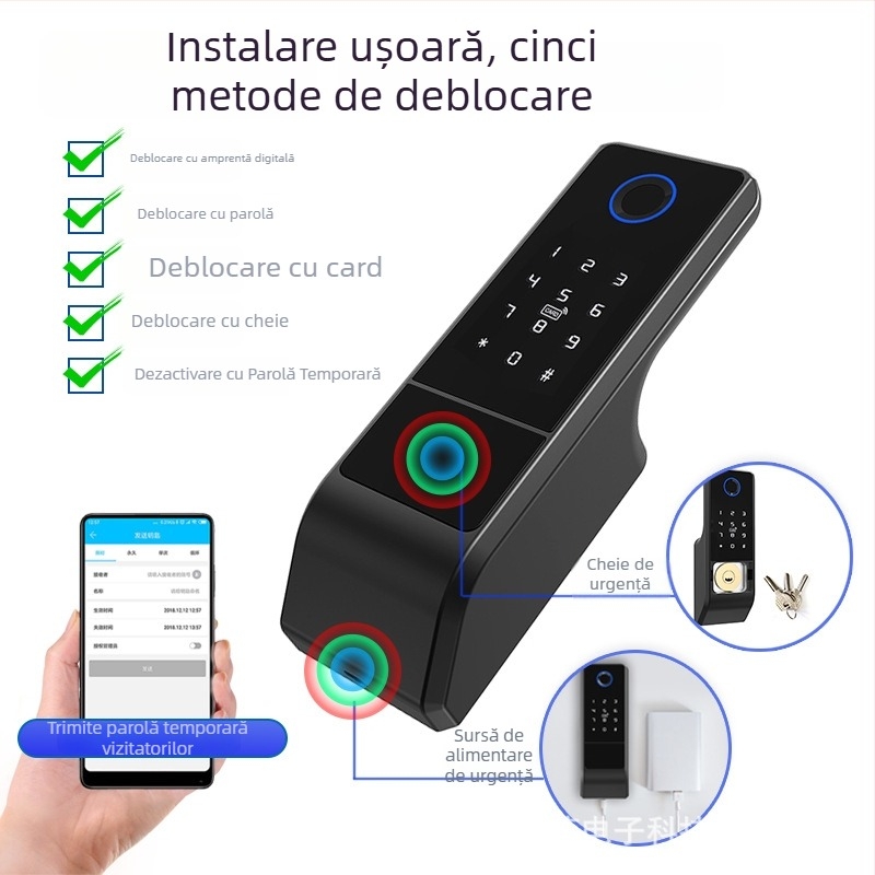 Încuietoare de ușă cu amprentă, model VD08 cu cheie, capacitate 100 amprente, peste 100000 cicluri de deblocare, scanare <1,5 s, panou din aluminiu rezistent la apă