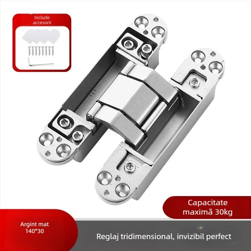 Balama ascunsă reglabilă tridimensional, închidere automată, silențioasă, aliaj de zinc, grosime 2 mm, finisaj: electroplacare și pulverizare