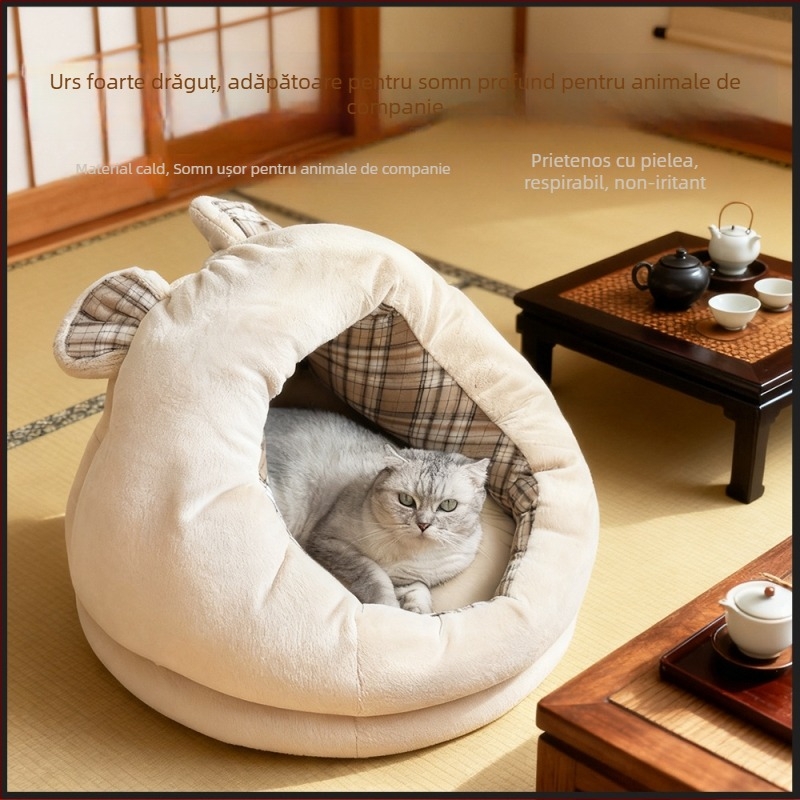 Cuib închis pentru animale de companie, pentru câini și pisici, cald iarna (Material: catifea Jade Rabbit + bumbac poliester în carouri; Categorie: cuib pentru animale; Pentru: câini; Curățare: șterge; Montaj: fără montaj)