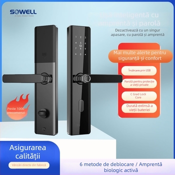 Încuietoare inteligentă pentru ușă cu amprentă și PIN, securitate nivel C, design modern minimalist, model SWR-B2-4, stocare amprente 30.000, deblocări 30.000, Solwell Technology