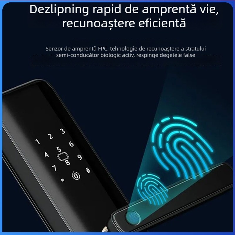 Încuietoare inteligentă pentru ușă cu amprentă și PIN, securitate nivel C, design modern minimalist, model SWR-B2-4, stocare amprente 30.000, deblocări 30.000, Solwell Technology