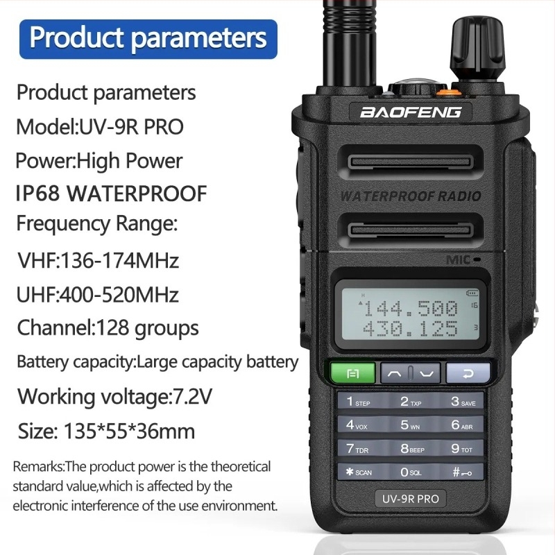 Baofeng UV-9R Pro Walkie-Talkie — Încărcare Directă Type-C, IP68 Rezistent la apă, Domeniu de frecvențe 136-174/400-520 MHz, Putere RF 18, 199 Canale