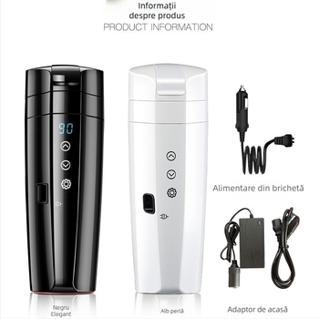 Cană electrică de încălzire pentru mașină, universală 12V–24V, 80W, CS-008, din oțel inoxidabil și plastic