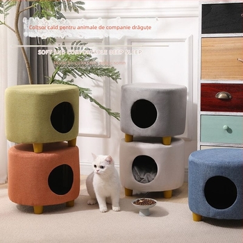 Cuib pentru pisici și casă închisă cu taburet integrat – din lemn