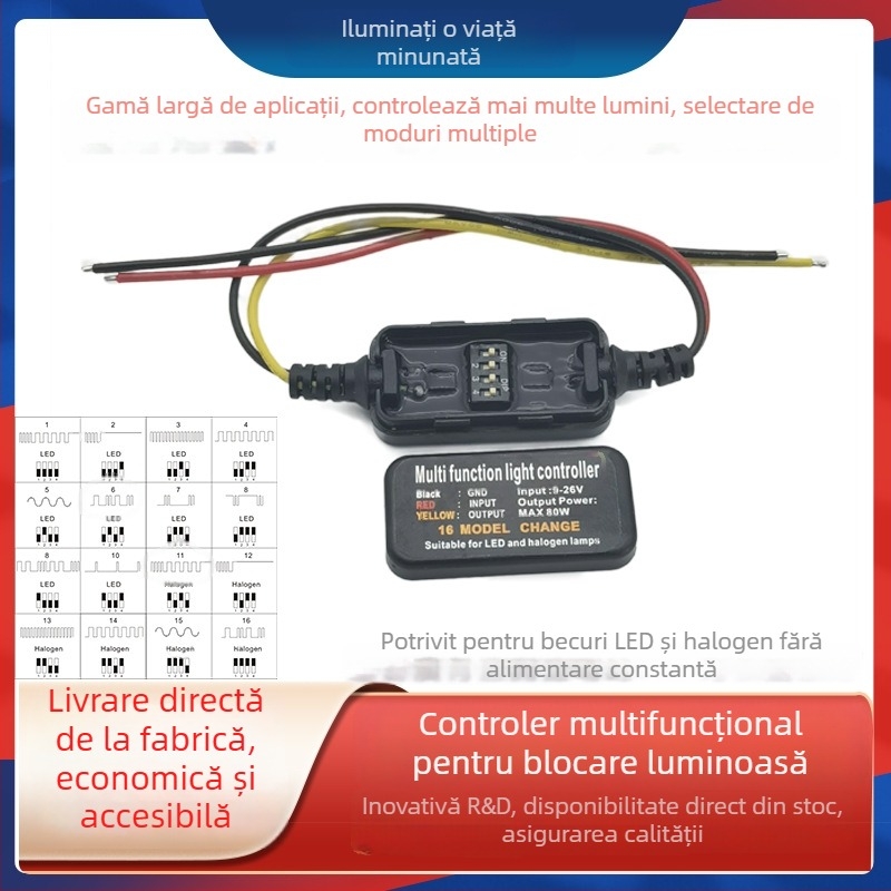 Modul de control electric auto — upgrade de 16 funcții pentru lumina de frână cu strob și breathing warning light, model LF-CON, corp ABS, dimensiuni 105×95×30 mm, putere maximă 80W