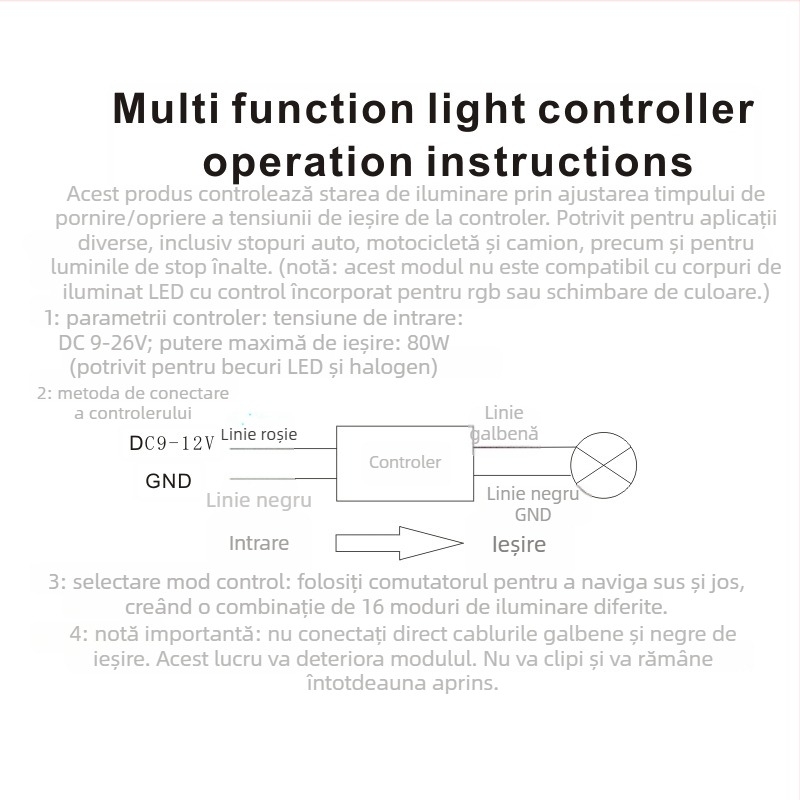 Modul de control electric auto — upgrade de 16 funcții pentru lumina de frână cu strob și breathing warning light, model LF-CON, corp ABS, dimensiuni 105×95×30 mm, putere maximă 80W