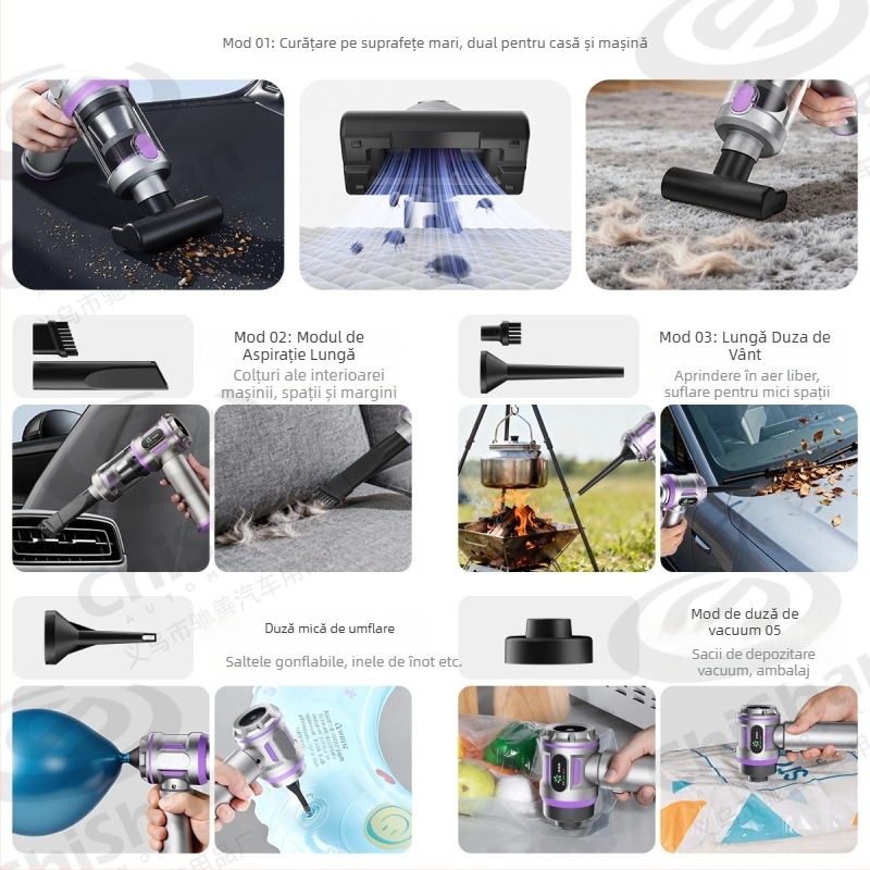 Aspirator auto și casă, dual-use, cu suflare și aspirație integrate (Motor brushless, 11.1V, 100W, 20000Pa)