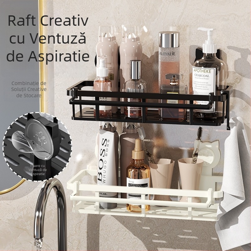 Raft de prosoape montat pe perete cu ventuză, fără găuri, pentru baie, din plastic HL-058