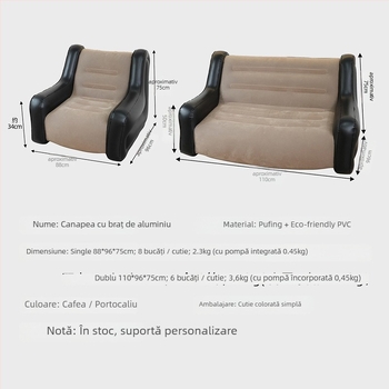 Canapea gonflabilă cu brațe – canapea de camping pentru 1 sau 2 persoane, PVC flocking, grosime 0,55 mm, greutate 5 kg
