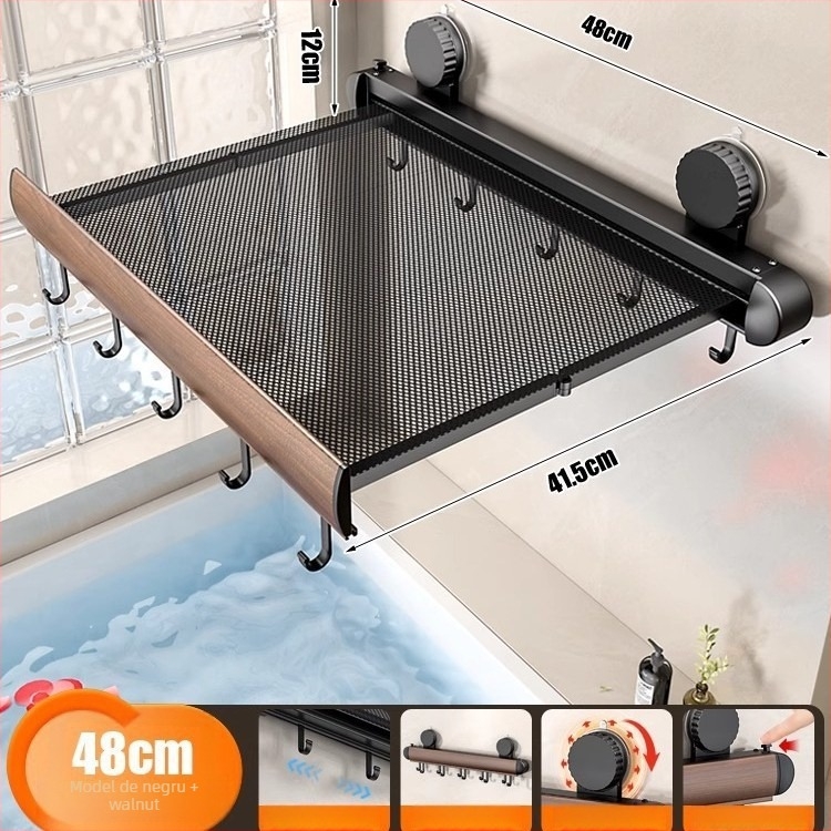 Raft de prosoape cu ventuză, retractabil, pentru baie, montaj fără găuri, din aliaj de aluminiu și ABS