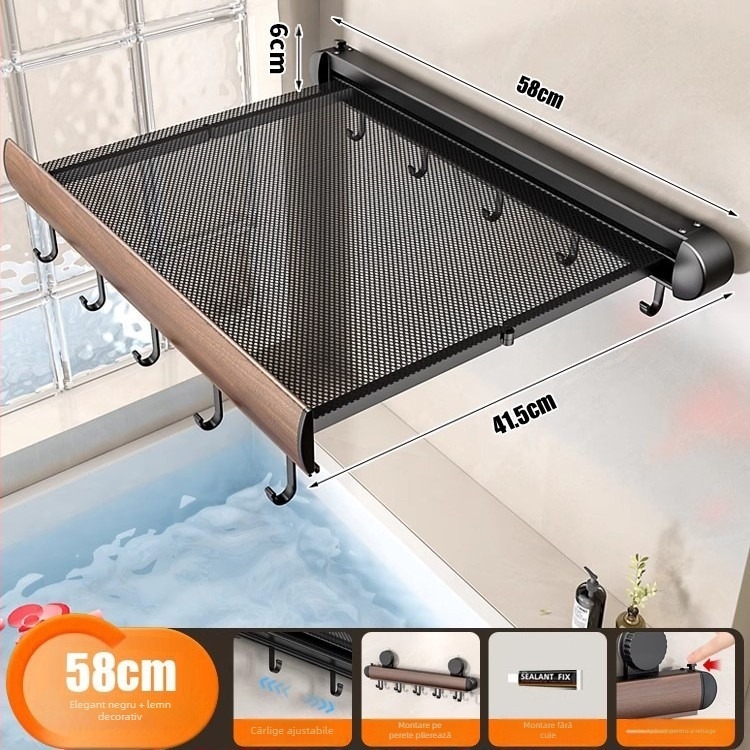 Raft de prosoape cu ventuză, retractabil, pentru baie, montaj fără găuri, din aliaj de aluminiu și ABS