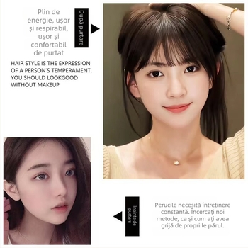 Perucă cu păr real, breton aerian, linie frontală naturală, țesătură manuală, poate fi vopsită la temperaturi înalte