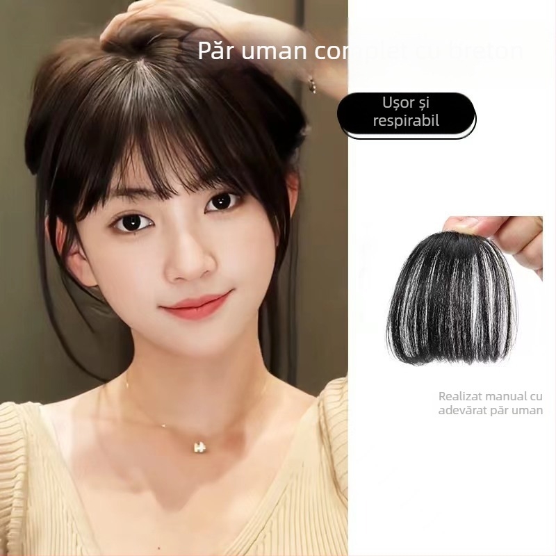 Perucă cu păr real, breton aerian, linie frontală naturală, țesătură manuală, poate fi vopsită la temperaturi înalte