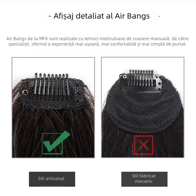 Perucă cu păr real, breton aerian, linie frontală naturală, țesătură manuală, poate fi vopsită la temperaturi înalte