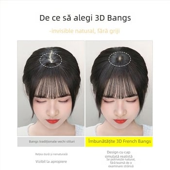 Piesă de păr pentru partea superioară a capului din păr real, cu breton franțuzesc 3D – breton invizibil natural pentru femei, potrivit pentru vopsire și permanentă