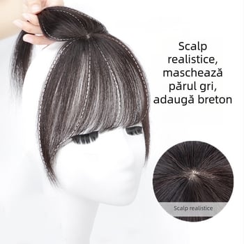 Piesă de păr pentru partea superioară a capului din păr real, cu breton franțuzesc 3D – breton invizibil natural pentru femei, potrivit pentru vopsire și permanentă