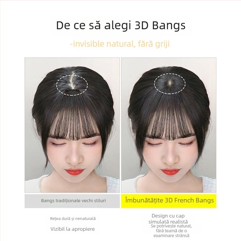Piesă de păr pentru partea superioară a capului din păr real, cu breton franțuzesc 3D – breton invizibil natural pentru femei, potrivit pentru vopsire și permanentă