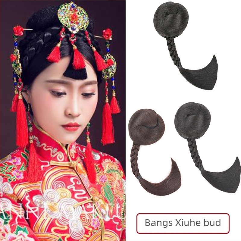 Perucă cu breton în formă de inimă pentru nuntă și reprezentații de scenă — Model Peach Heart Xiuhe Bangs; Material: sârmă cu temperatură înaltă; Tip breton: drept sau înclinat; Poate fi vopsită; Volum suplimentar