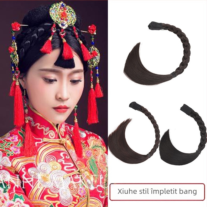 Perucă cu breton în formă de inimă pentru nuntă și reprezentații de scenă — Model Peach Heart Xiuhe Bangs; Material: sârmă cu temperatură înaltă; Tip breton: drept sau înclinat; Poate fi vopsită; Volum suplimentar