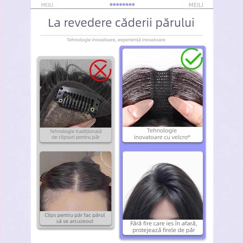 Perucă cu breton Velcro — fără agrafe, un singur patch acoperă cusăturile și adaugă volum; păr natural, realizată manual, piesă de perucă cu bază din plasă 2.5×10 cm pentru vară
