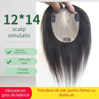 Perucă din păr real uman, țesută manual, aspect pufoasă, breton, vârf respirabil, proces cu două ace