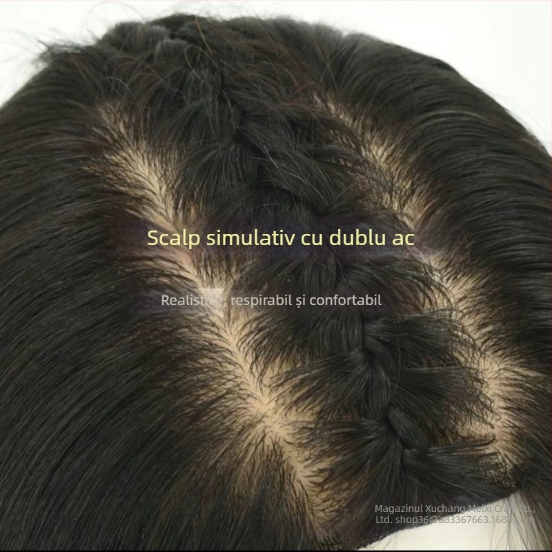 Perucă din păr real uman, țesută manual, aspect pufoasă, breton, vârf respirabil, proces cu două ace