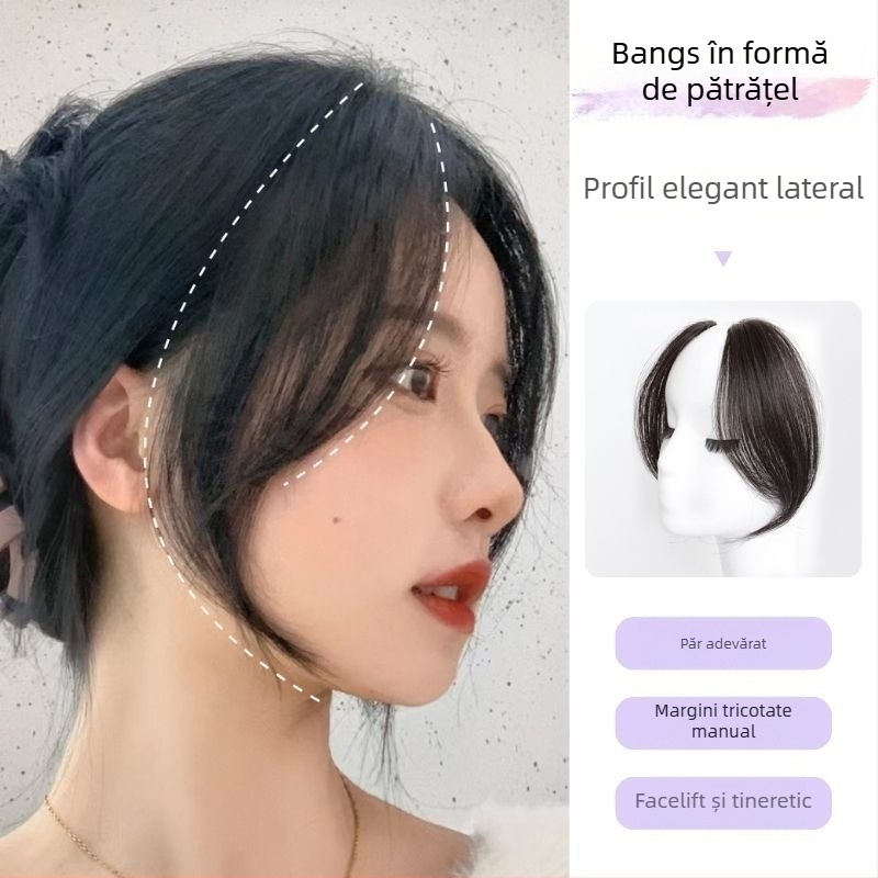 Perucă din păr natural cu Eight-Character Bangs, breton lung, țesută mecanic și manual, potrivită pentru vopsire și permamentare