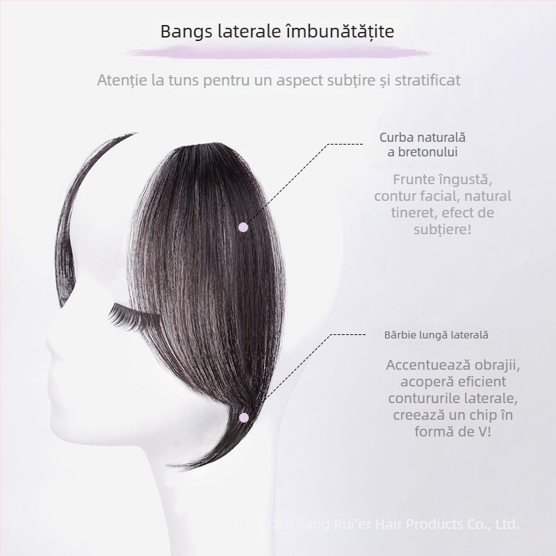 Perucă din păr natural cu Eight-Character Bangs, breton lung, țesută mecanic și manual, potrivită pentru vopsire și permamentare