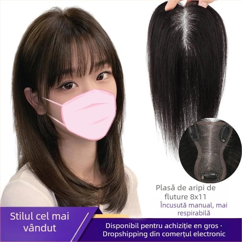 Piesă de păr pentru femei, păr uman, țesută manual, drept, deasupra capului, poate fi vopsită