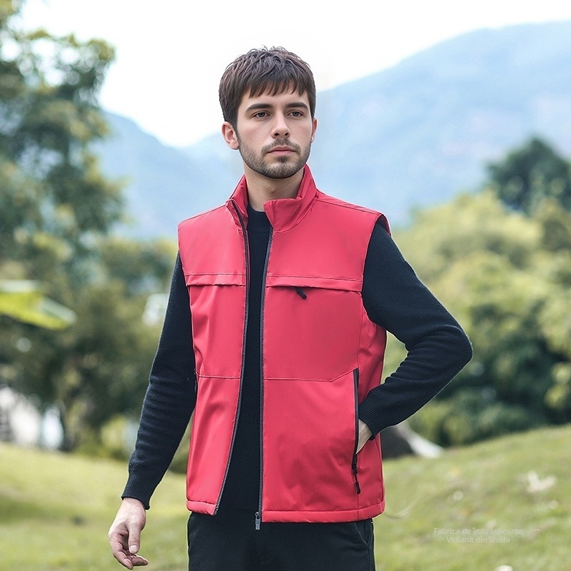 Vesta bumbac umplută pentru bărbați, căptușită cu fleece, croială lejeră, țesătură poliester, buzunare cu fermoar