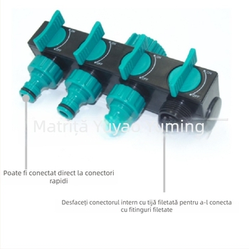 Distribuitor furtun de grădină – divizor cu patru ieșiri pentru irigare, ABS, 0,26 kg, presiune apă 8 kg, împarte un robinet în patru ieșiri