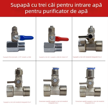 Supapă cu bilă metalică tri-direcțională pentru intrarea în purificatorul de apă; material: cupru sau 304 oțel inoxidabil; robinet de distribuție a apei pentru sisteme de apă pură