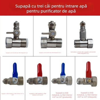 Supapă cu bilă metalică tri-direcțională pentru intrarea în purificatorul de apă; material: cupru sau 304 oțel inoxidabil; robinet de distribuție a apei pentru sisteme de apă pură
