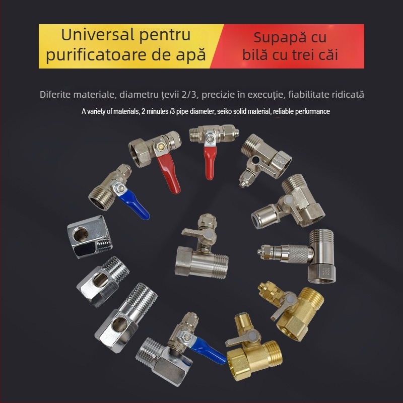 Supapă cu bilă metalică tri-direcțională pentru intrarea în purificatorul de apă; material: cupru sau 304 oțel inoxidabil; robinet de distribuție a apei pentru sisteme de apă pură