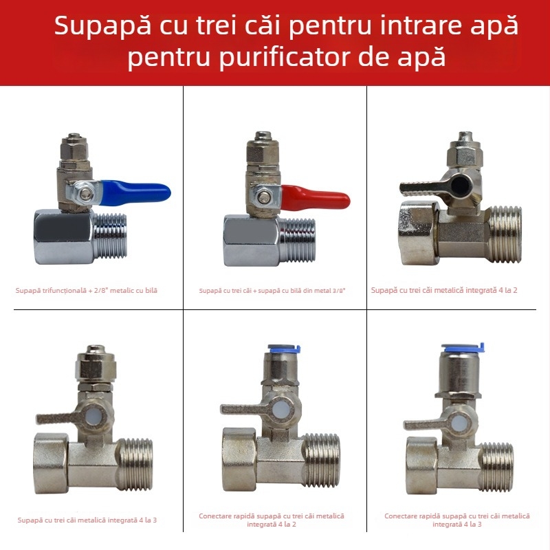 Supapă cu bilă metalică tri-direcțională pentru intrarea în purificatorul de apă; material: cupru sau 304 oțel inoxidabil; robinet de distribuție a apei pentru sisteme de apă pură