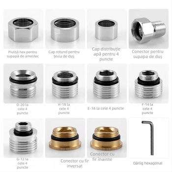 Accesorii pentru robinetul de amestec - Fitinguri din cupru și oțel inoxidabil; Capac hexagonal pentru robinetul de amestec (oțel inoxidabil); Uniune de duș din oțel inoxidabil (2 piese cu garnitură); Capac rotund de separare a apei; Știfturi din cupru (se