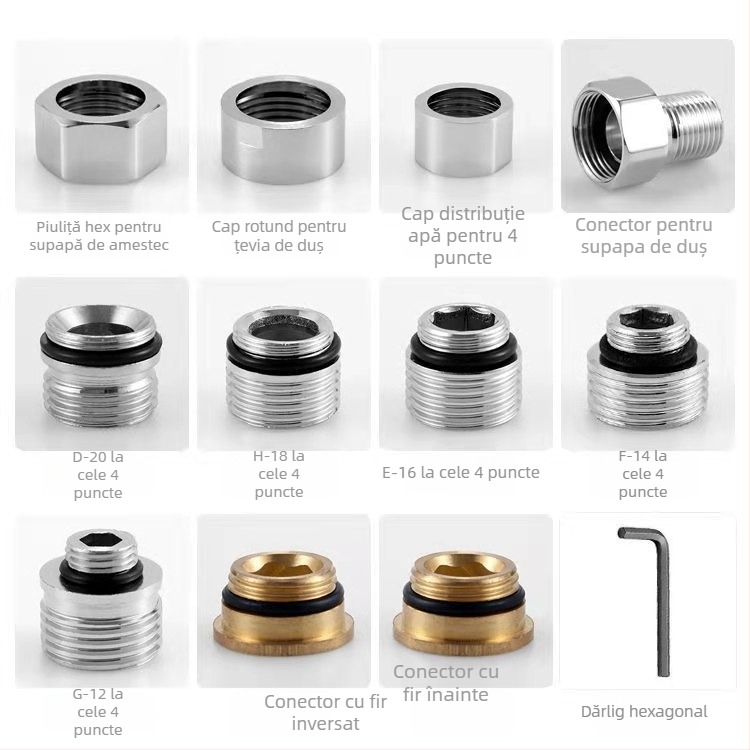 Accesorii pentru robinetul de amestec - Fitinguri din cupru și oțel inoxidabil; Capac hexagonal pentru robinetul de amestec (oțel inoxidabil); Uniune de duș din oțel inoxidabil (2 piese cu garnitură); Capac rotund de separare a apei; Știfturi din cupru (se