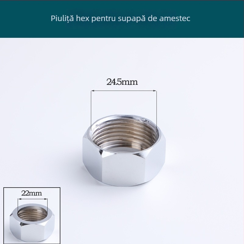 Accesorii pentru robinetul de amestec - Fitinguri din cupru și oțel inoxidabil; Capac hexagonal pentru robinetul de amestec (oțel inoxidabil); Uniune de duș din oțel inoxidabil (2 piese cu garnitură); Capac rotund de separare a apei; Știfturi din cupru (se
