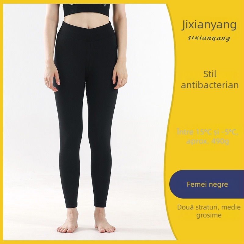 Pantaloni termici unisex din lână, încălzire în trei straturi, căptușeală de fleece, talie înaltă, antibacterieni, mențin căldura
