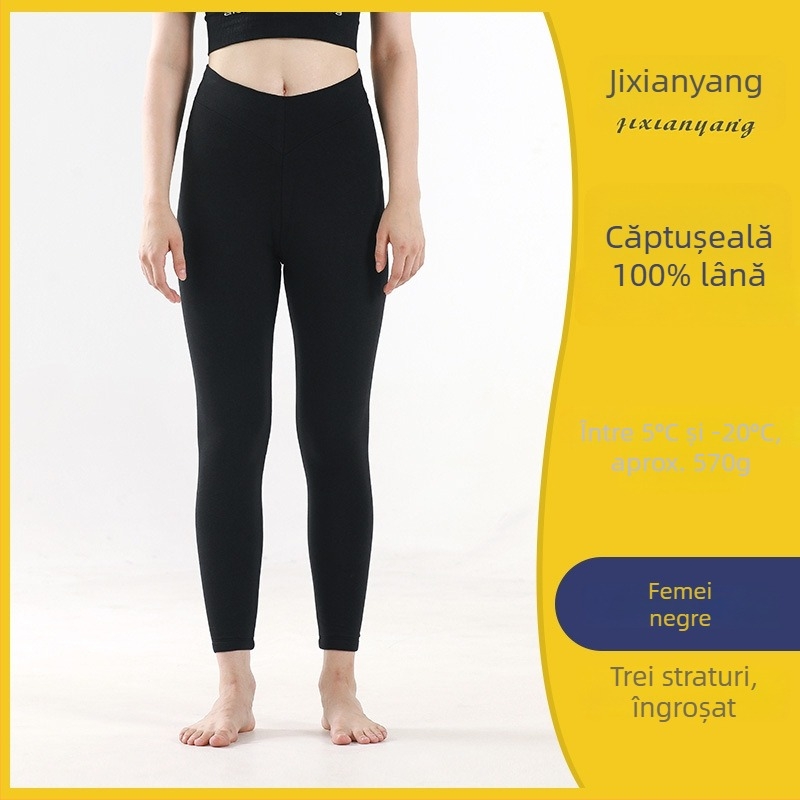 Pantaloni termici unisex din lână, încălzire în trei straturi, căptușeală de fleece, talie înaltă, antibacterieni, mențin căldura
