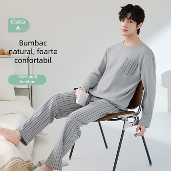 Set de pijamale din bumbac antibacterian pentru bărbați, cu mâneci lungi și pantaloni lungi, 100% bumbac, țesătură groasă 201–250 g/m²