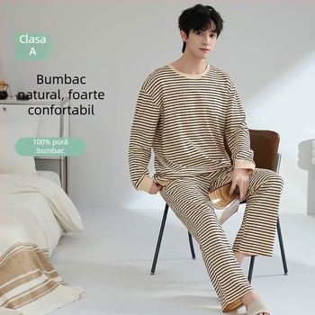 Set de pijamale din bumbac antibacterian pentru bărbați, cu mâneci lungi și pantaloni lungi, 100% bumbac, țesătură groasă 201–250 g/m²