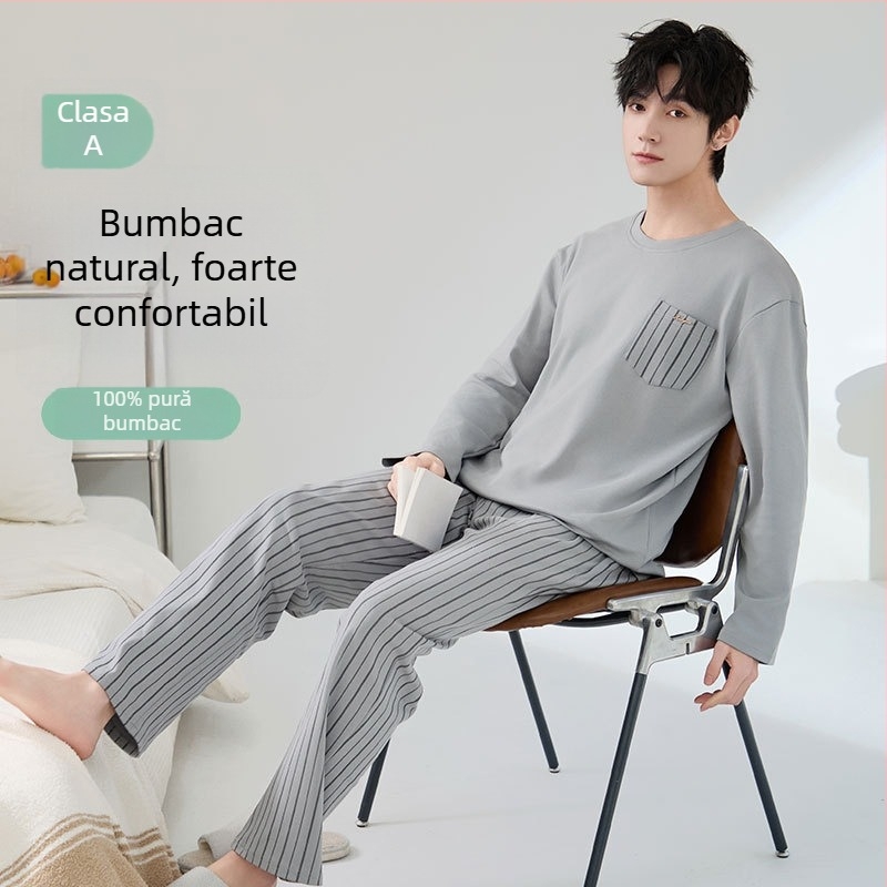 Set de pijamale din bumbac antibacterian pentru bărbați, cu mâneci lungi și pantaloni lungi, 100% bumbac, țesătură groasă 201–250 g/m²