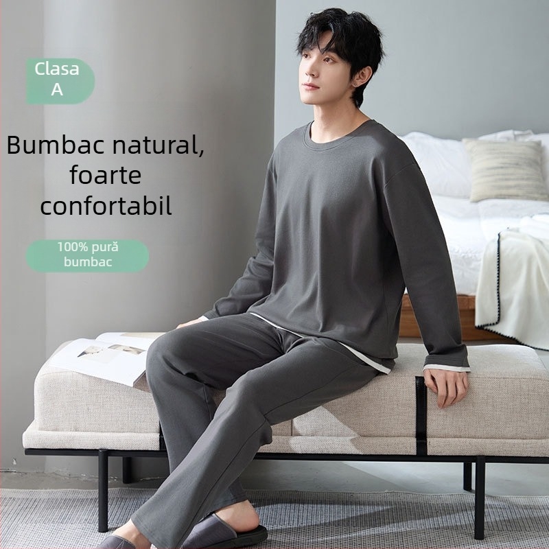 Set de pijamale din bumbac antibacterian pentru bărbați, cu mâneci lungi și pantaloni lungi, 100% bumbac, țesătură groasă 201–250 g/m²