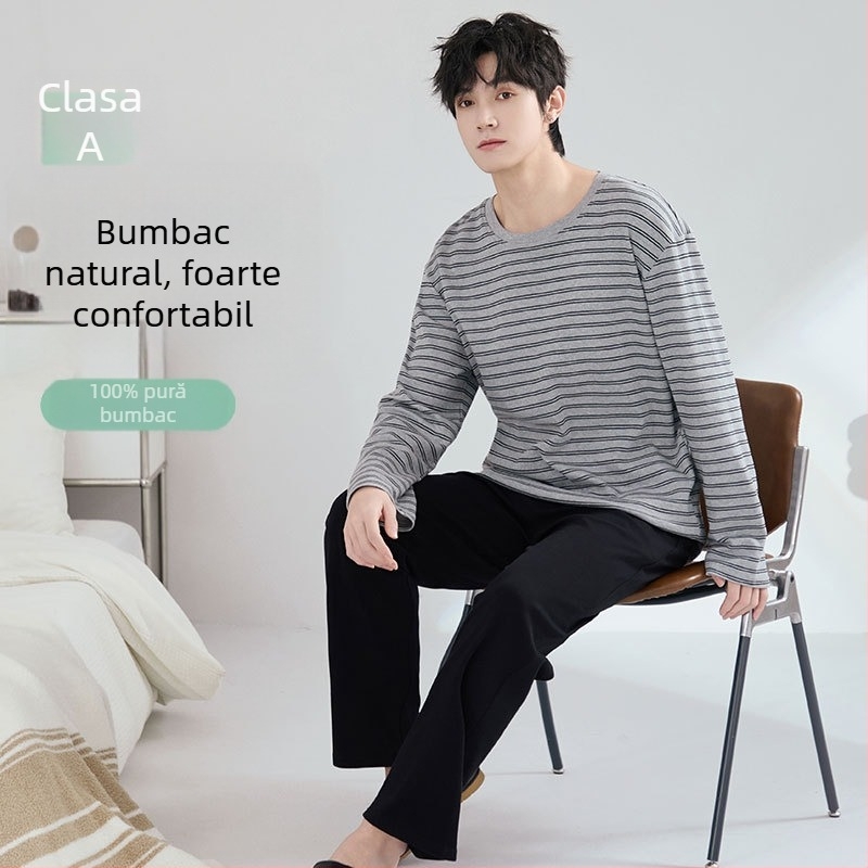 Set de pijamale din bumbac antibacterian pentru bărbați, cu mâneci lungi și pantaloni lungi, 100% bumbac, țesătură groasă 201–250 g/m²