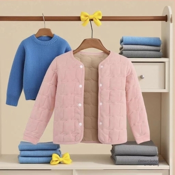 Geacă căptușită din bumbac cu umplutură din mătase-pamuc, țesătură catifelată de mătase, guler rotund, închidere cu nasturi pe un rând, lungime obișnuită, pentru femei adulte