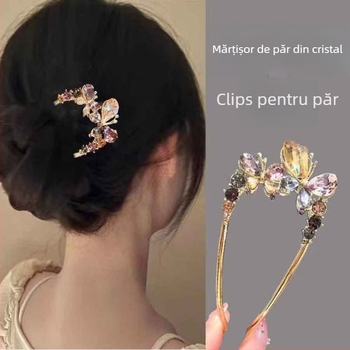 Clipuri de păr din aliaj cu fluture din cristal, design în formă de U pentru partea din spate a capului, cristal amethyst, finisaj electroplacat, stil natural feminin, Eagle Eye, Primăvara 2025