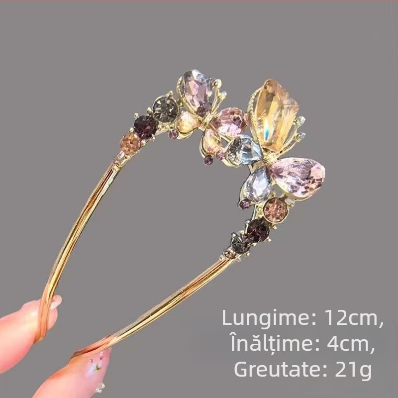 Clipuri de păr din aliaj cu fluture din cristal, design în formă de U pentru partea din spate a capului, cristal amethyst, finisaj electroplacat, stil natural feminin, Eagle Eye, Primăvara 2025