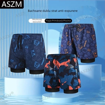 Pantaloni scurți de plajă pentru bărbați cu șnur - căptușire dublă, 95% poliester, elasticitate micro-bounce, previn situații jenante