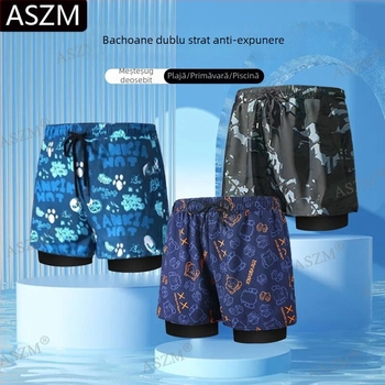 Pantaloni scurți de plajă pentru bărbați cu șnur - căptușire dublă, 95% poliester, elasticitate micro-bounce, previn situații jenante